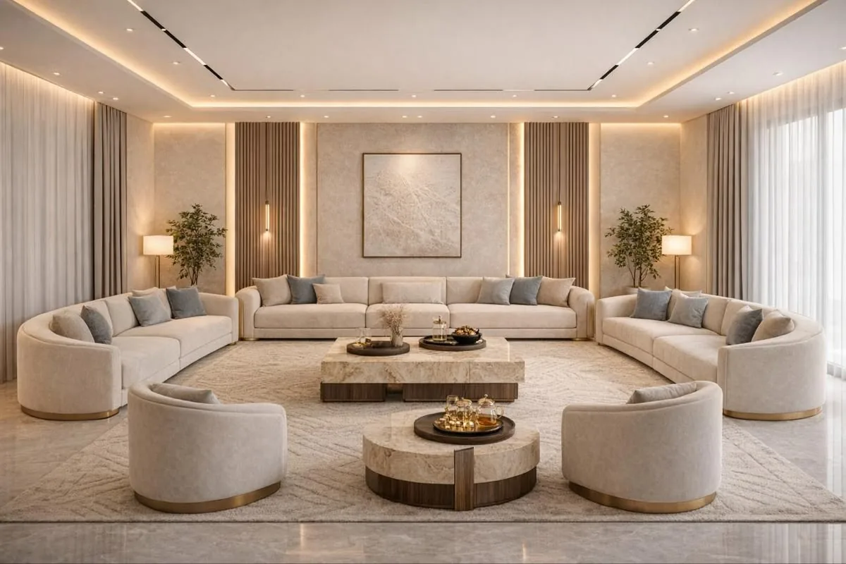 After: the same hall furnished with curved cream sofas, marble tables, a large artwork and floor lamps