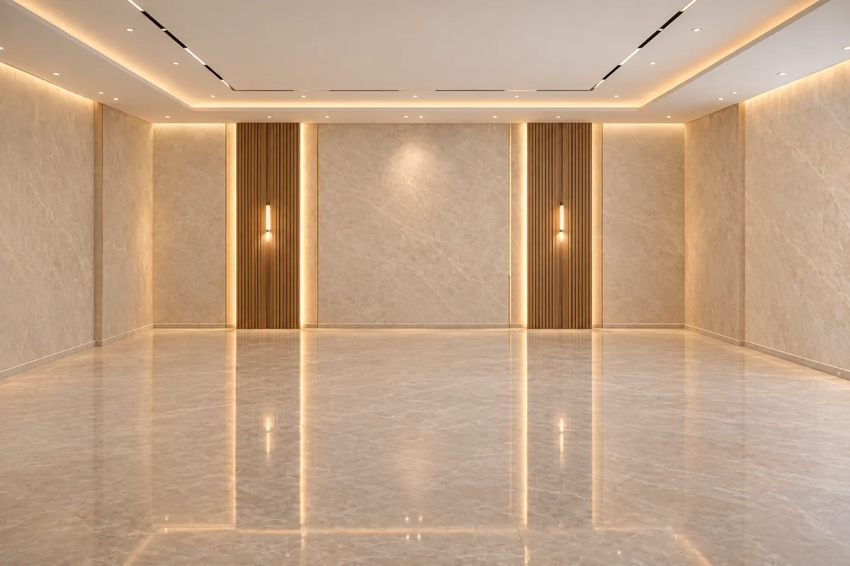 Before: an empty hall with beige marble walls and floor, timber slat panels and cove lighting