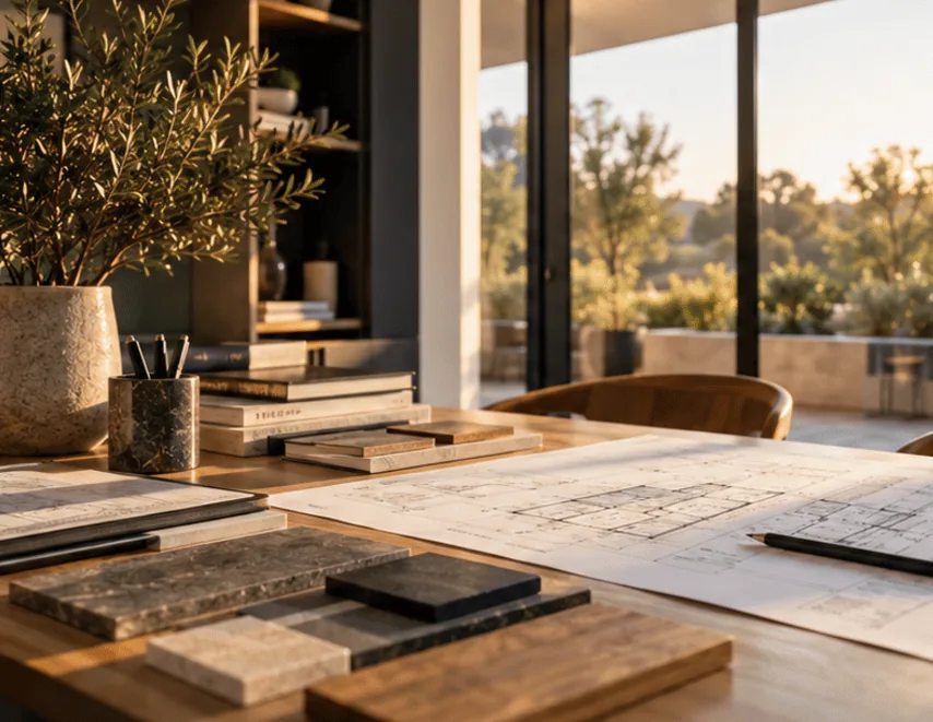 A design desk with an olive tree, stone samples and a floor plan, beside a window onto the garden