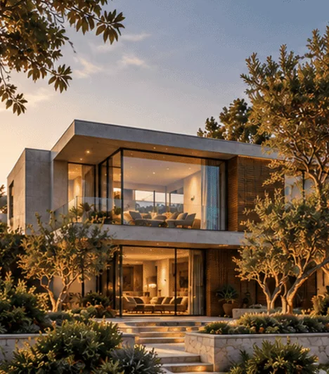 A modern house framed by trees, its upper floor cantilevered over a lit entrance