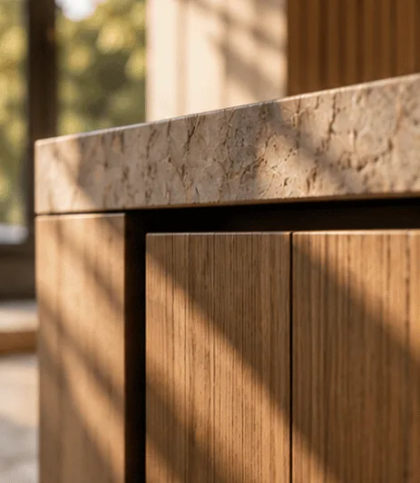 A close view of a travertine worktop meeting oak cabinet doors in raking light