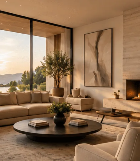 A calm living room with a large abstract painting, a fireplace and a view of the hills
